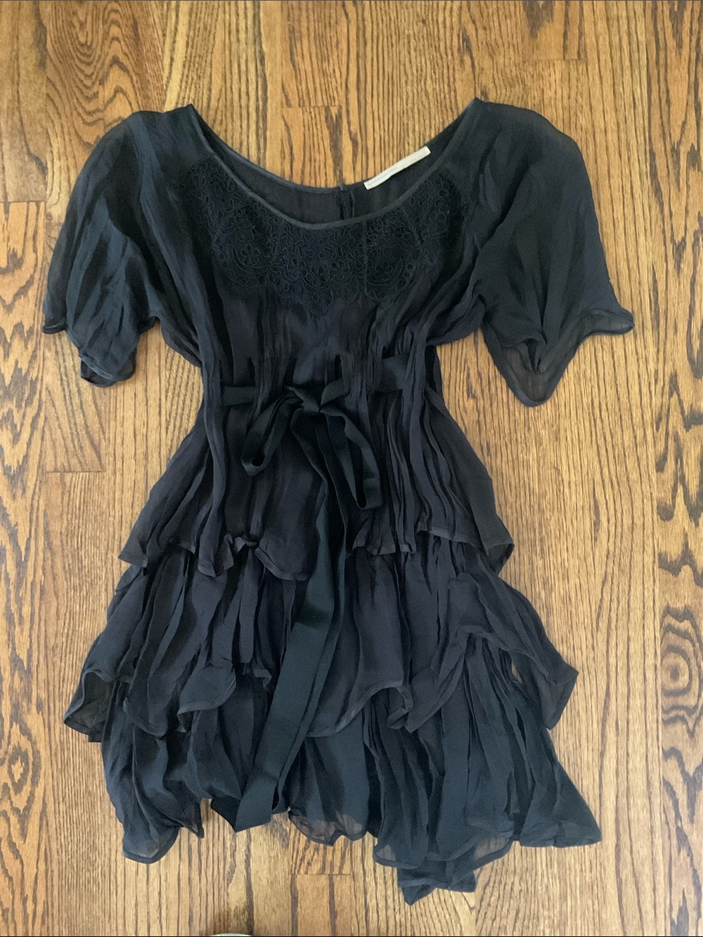 Vintage Marithe Francois Girbaud Black Silk Chiffon Ruffle Lace Blouse